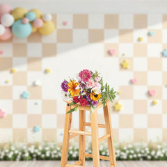 Lofaris Pastel Checkered Balloon Floral Cake Smash Backdrop