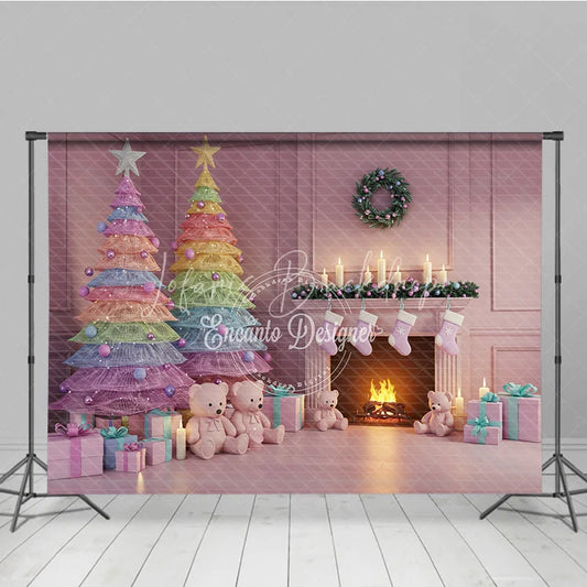 Lofaris Pastel Christmas Photography Backdrop with Rainbow Trees Pink Fireplace and Teddy Bears Whimsical Holiday Decor