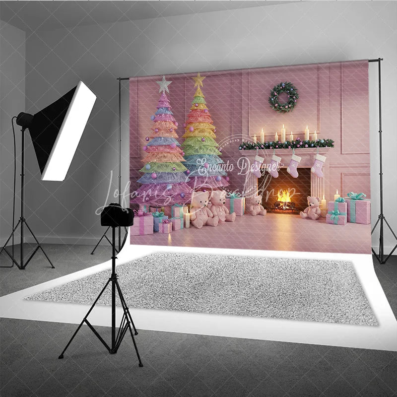Lofaris Pastel Christmas Photography Backdrop with Rainbow Trees Pink Fireplace and Teddy Bears Whimsical Holiday Decor