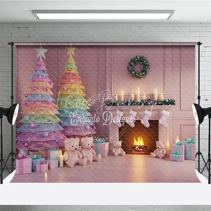 Lofaris Pastel Christmas Photography Backdrop with Rainbow Trees Pink Fireplace and Teddy Bears Whimsical Holiday Decor