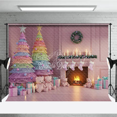 Lofaris Pastel Christmas Photography Backdrop with Rainbow Trees Pink Fireplace and Teddy Bears Whimsical Holiday Decor