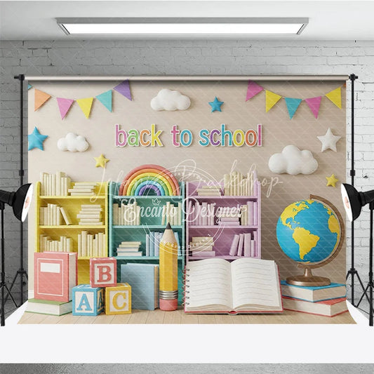 Lofaris Pastel Classroom Back To School Backdrop Bookshelves Globe Open Book Background Kindergarten Photography Prop