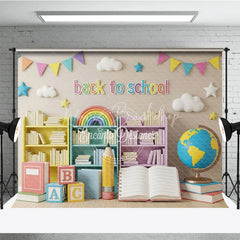 Lofaris Pastel Classroom Back To School Backdrop Bookshelves Globe Open Book Background Kindergarten Photography Prop