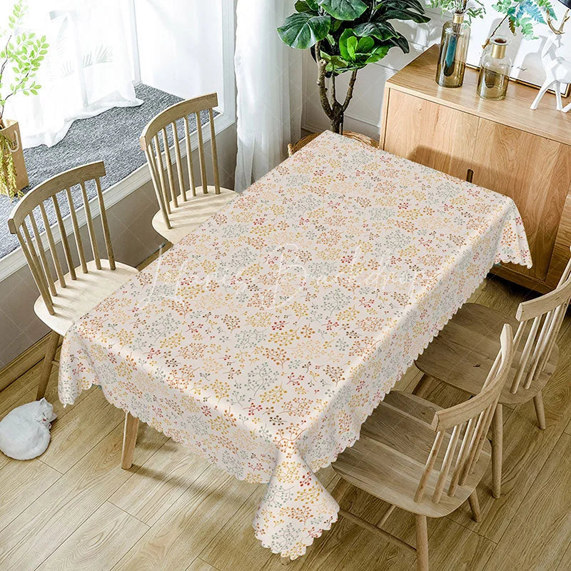Lofaris Pastel Ditsy Sprig Rectangle Tablecloth Colorful Small Plant White Background Spring Summer Dining Table Cover Decoration