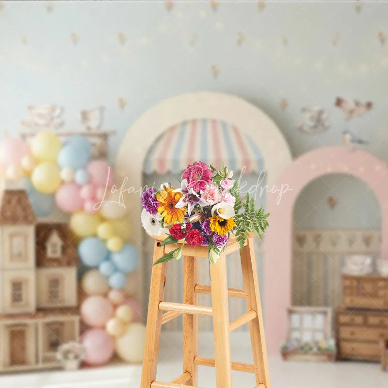 Lofaris Pastel Dollhouse and Tea Party Photography Backdrop Whimsical Floral Wallpaper Baby Shower Birthday Decor
