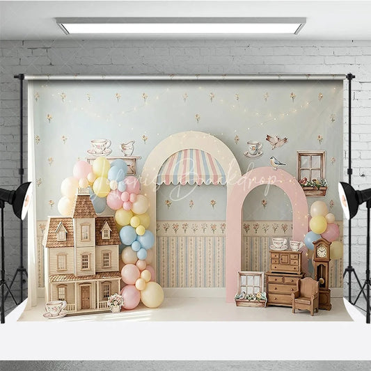 Lofaris Pastel Dollhouse and Tea Party Photography Backdrop Whimsical Floral Wallpaper Baby Shower Birthday Decor
