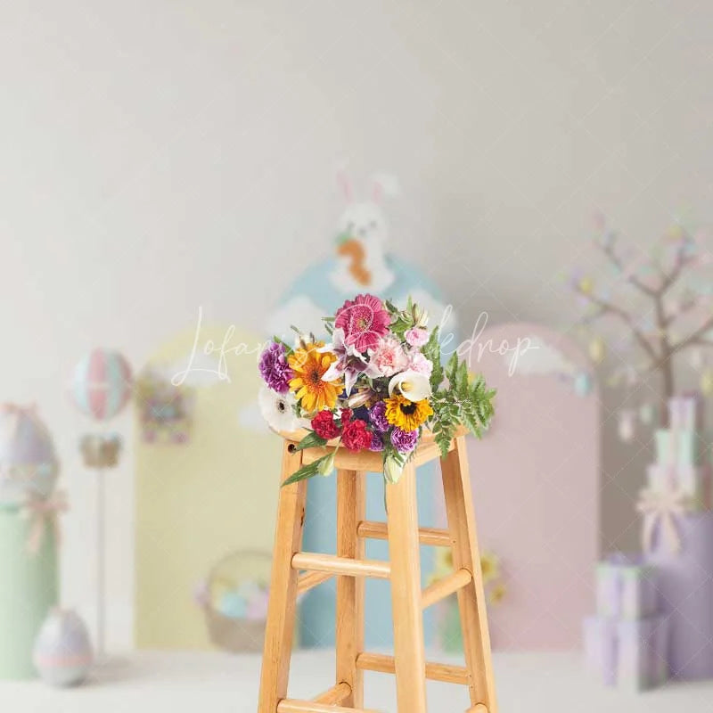 Lofaris Pastel Easter Backdrop Bunny on Cloud Hot Air Balloon Gift Box Photography Background Spring Party Decoration