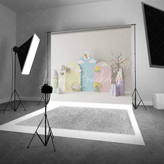 Lofaris Pastel Easter Backdrop Bunny on Cloud Hot Air Balloon Gift Box Photography Background Spring Party Decoration