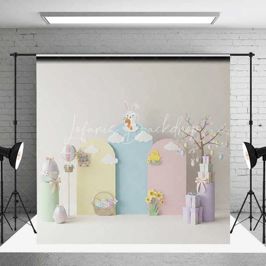 Lofaris Pastel Easter Backdrop Bunny on Cloud Hot Air Balloon Gift Box Photography Background Spring Party Decoration
