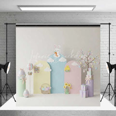 Lofaris Pastel Easter Backdrop Bunny on Cloud Hot Air Balloon Gift Box Photography Background Spring Party Decoration