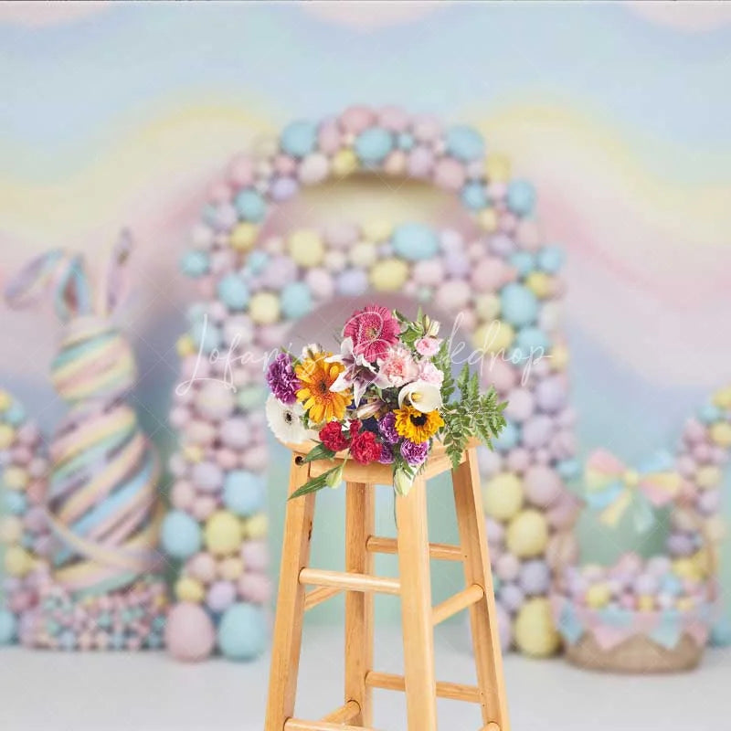 Lofaris Pastel Easter Backdrop Colorful Egg Arches Abstract Bunny Ribbon Photography Background Baby Shower Decoration
