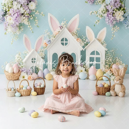 Lofaris Pastel Easter Bunny Ears White Houses Spring Flowers Combo Set Backdrop Baby Shower Kids Party Decor