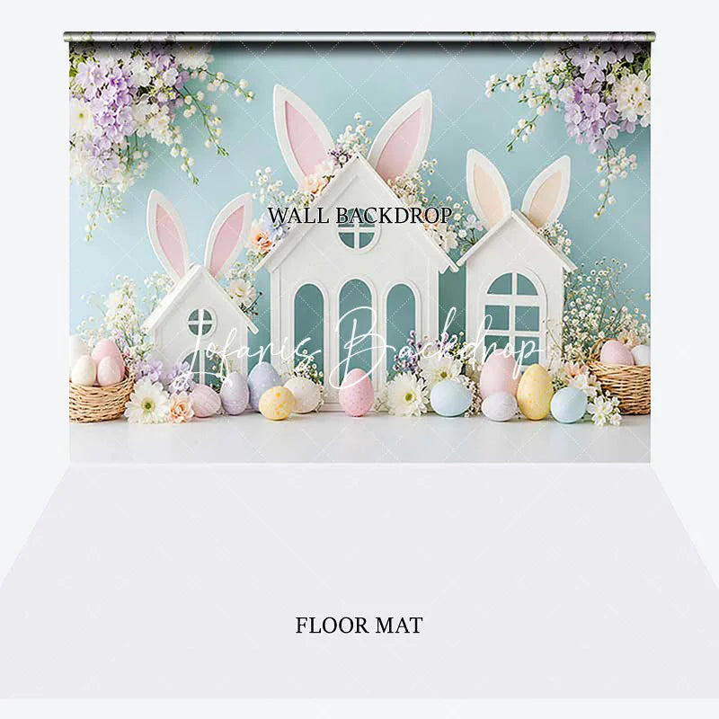 Lofaris Pastel Easter Bunny Ears White Houses Spring Flowers Combo Set Backdrop Baby Shower Kids Party Decor