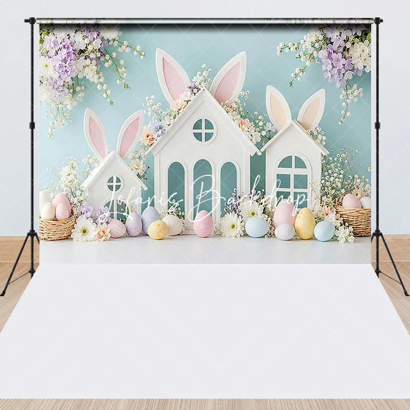 Lofaris Pastel Easter Bunny Ears White Houses Spring Flowers Combo Set Backdrop Baby Shower Kids Party Decor