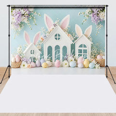 Lofaris Pastel Easter Bunny Ears White Houses Spring Flowers Combo Set Backdrop Baby Shower Kids Party Decor