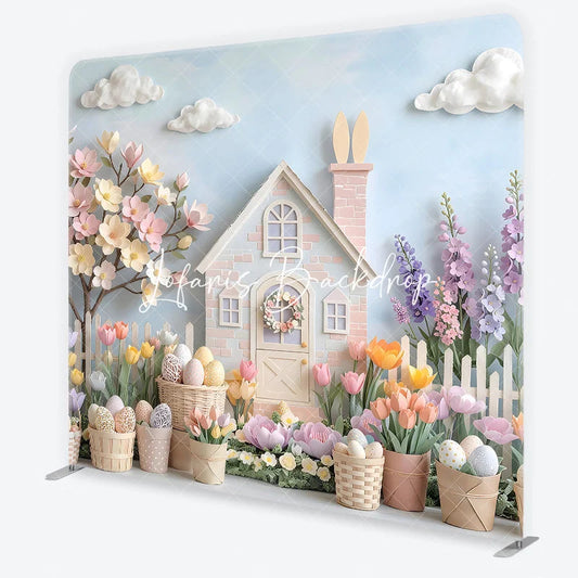Lofaris Pastel Easter House and Spring Flowers Square Double-Sided Backdrop Whimsical Blossoming Tree Decorative Eggs