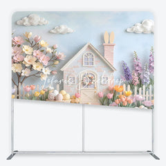Lofaris Pastel Easter House and Spring Flowers Square Double-Sided Backdrop Whimsical Blossoming Tree Decorative Eggs