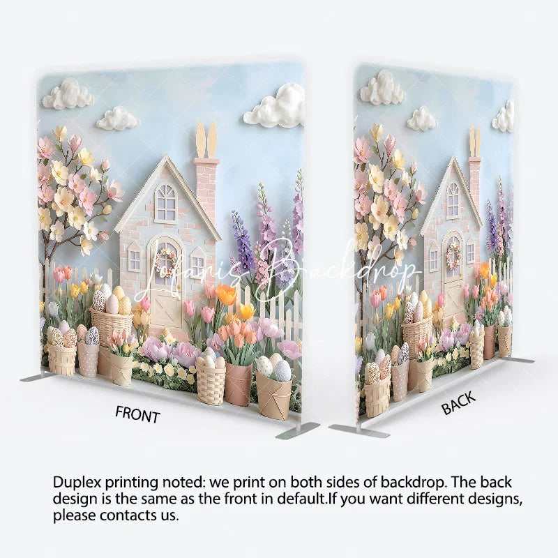 Lofaris Pastel Easter House and Spring Flowers Square Double-Sided Backdrop Whimsical Blossoming Tree Decorative Eggs