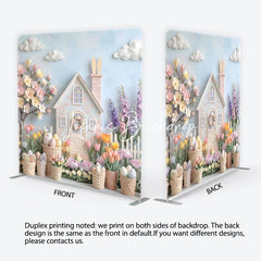 Lofaris Pastel Easter House and Spring Flowers Square Double-Sided Backdrop Whimsical Blossoming Tree Decorative Eggs