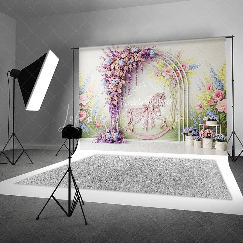 Lofaris Pastel Floral Arch and Pink Rocking Horse Photography Backdrop Whimsical Garden Baby Shower Birthday Party Decor