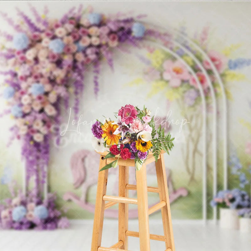 Lofaris Pastel Floral Arch and Pink Rocking Horse Photography Backdrop Whimsical Garden Baby Shower Birthday Party Decor