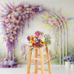 Lofaris Pastel Floral Arch and Pink Rocking Horse Photography Backdrop Whimsical Garden Baby Shower Birthday Party Decor