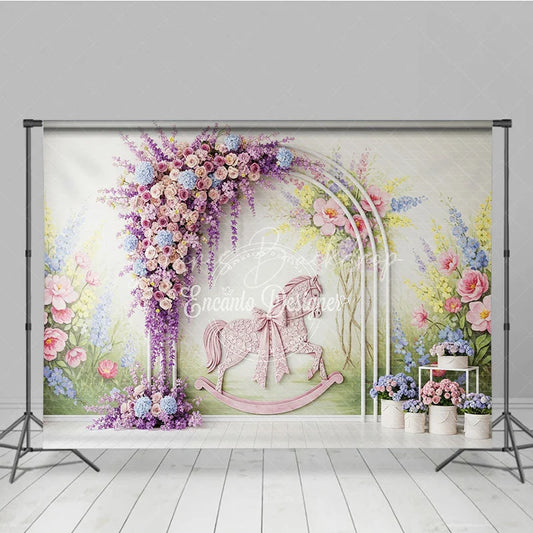 Lofaris Pastel Floral Arch and Pink Rocking Horse Photography Backdrop Whimsical Garden Baby Shower Birthday Party Decor