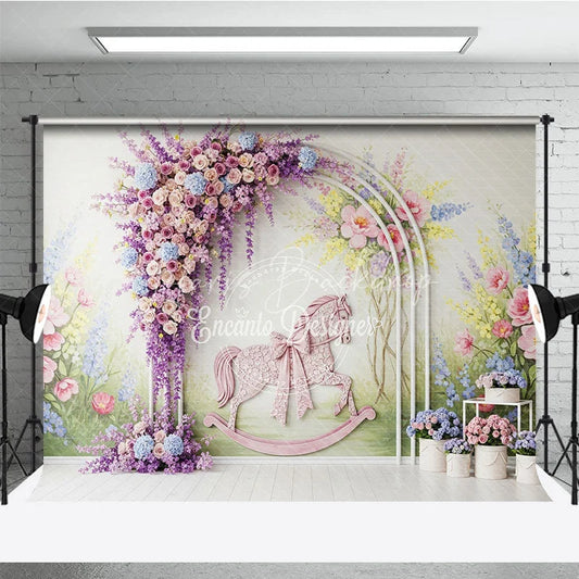 Lofaris Pastel Floral Arch and Pink Rocking Horse Photography Backdrop Whimsical Garden Baby Shower Birthday Party Decor