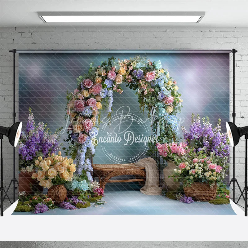 Lofaris Pastel Floral Arch Photography Backdrop Pink Blue and Yellow Roses Spring Garden Wedding Photo Background