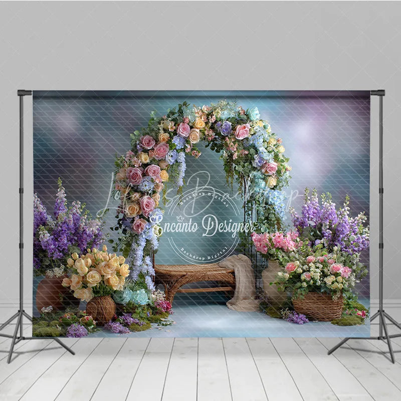 Lofaris Pastel Floral Arch Photography Backdrop Pink Blue and Yellow Roses Spring Garden Wedding Photo Background