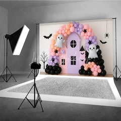 Lofaris Pastel Halloween Balloon Arch Photography Backdrop Cute Ghost with Pink and Purple Haunted House Girly Spooky Party