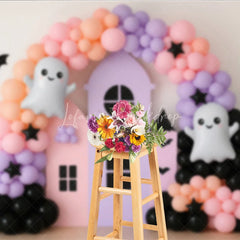 Lofaris Pastel Halloween Balloon Arch Photography Backdrop Cute Ghost with Pink and Purple Haunted House Girly Spooky Party