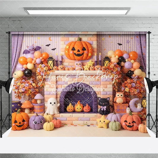 Lofaris Pastel Halloween Photography Backdrop with Cute Pumpkins Ghosts and Bats on a Fireplace Mantel perfect for Kids