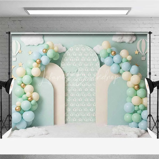 Lofaris Pastel Hot Air Balloon Photography Backdrop Mint Green Clouds Party Banner