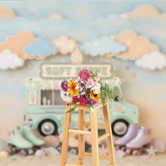 Lofaris Pastel Ice Cream Truck and Roller Skates Photography Backdrop Whimsical Soft Serve Summer Party Decor