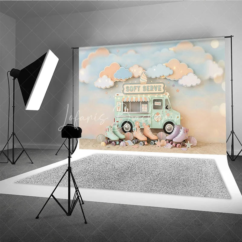 Lofaris Pastel Ice Cream Truck and Roller Skates Photography Backdrop Whimsical Soft Serve Summer Party Decor