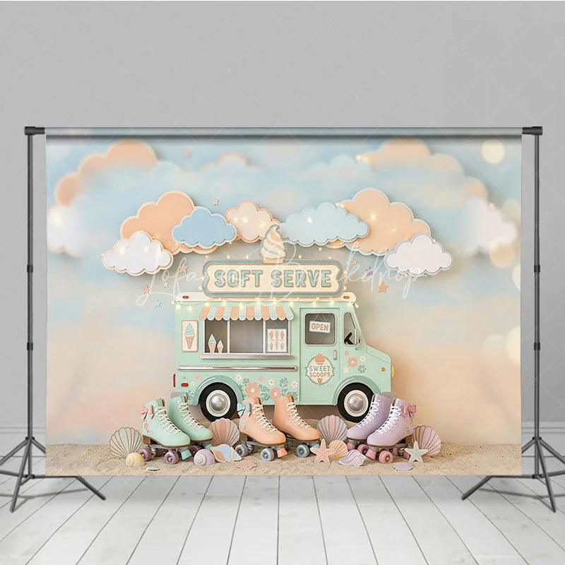 Lofaris Pastel Ice Cream Truck and Roller Skates Photography Backdrop Whimsical Soft Serve Summer Party Decor