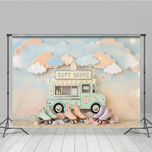 Lofaris Pastel Ice Cream Truck and Roller Skates Photography Backdrop Whimsical Soft Serve Summer Party Decor