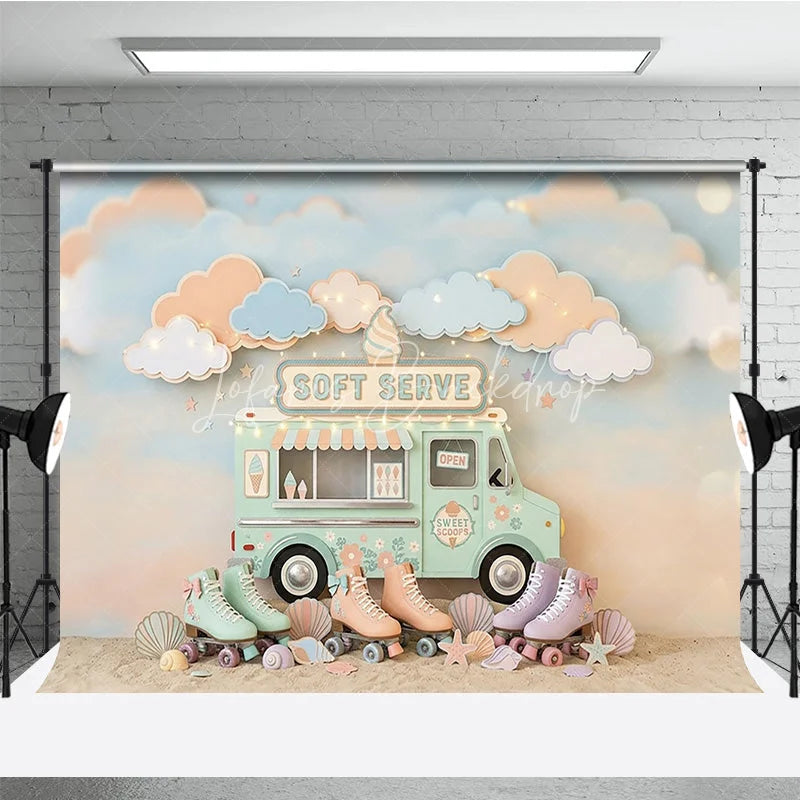 Lofaris Pastel Ice Cream Truck and Roller Skates Photography Backdrop Whimsical Soft Serve Summer Party Decor