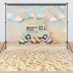 Lofaris Pastel Ice Cream Truck Soft Serve Combo Set Backdrop with Roller Skates Dreamy Clouds and Beach Sand for Summer Party