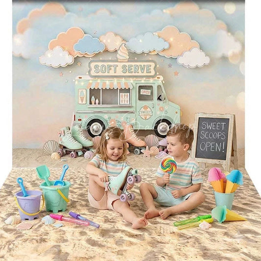 Lofaris Pastel Ice Cream Truck Soft Serve Combo Set Backdrop with Roller Skates Dreamy Clouds and Beach Sand for Summer Party