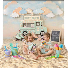 Lofaris Pastel Ice Cream Truck Soft Serve Combo Set Backdrop with Roller Skates Dreamy Clouds and Beach Sand for Summer Party