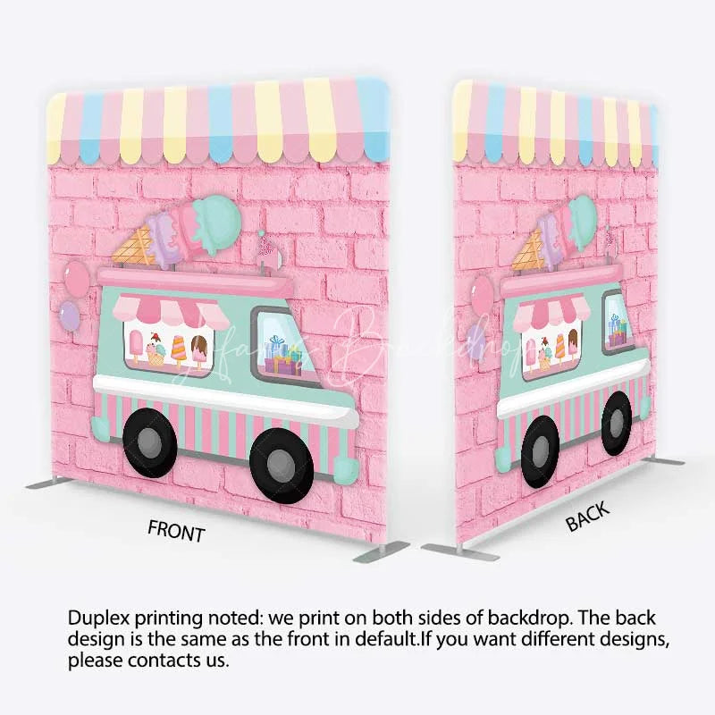 Lofaris Pastel Ice Cream Truck Tension Fabric Backdrop Pink Brick Wall Sweet Birthday Party Decoration