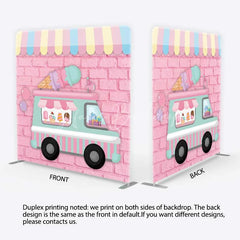 Lofaris Pastel Ice Cream Truck Tension Fabric Backdrop Pink Brick Wall Sweet Birthday Party Decoration