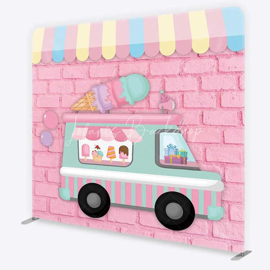 Lofaris Pastel Ice Cream Truck Tension Fabric Backdrop Pink Brick Wall Sweet Birthday Party Decoration