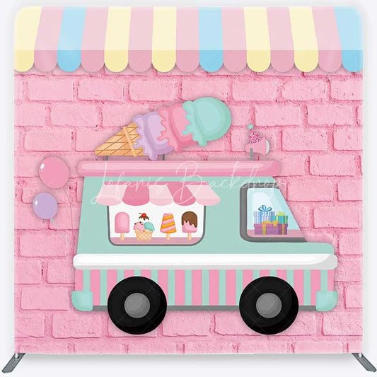 Lofaris Pastel Ice Cream Truck Tension Fabric Backdrop Pink Brick Wall Sweet Birthday Party Decoration