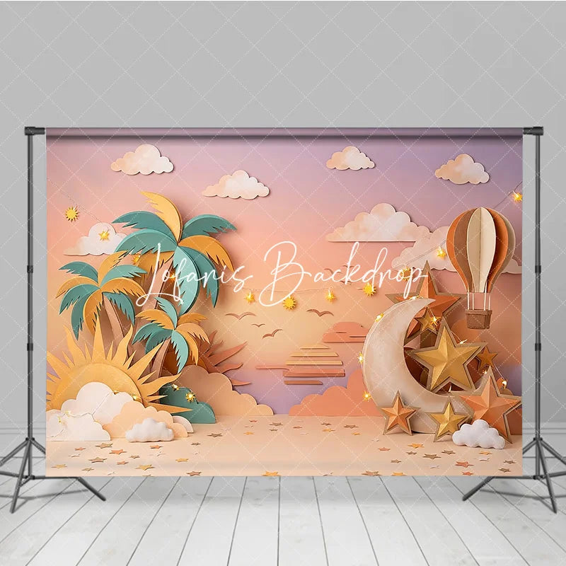 Lofaris Pastel Paper Art Tropical Dream Photography Backdrop with Palm Trees Moon Stars and Hot Air Balloon Baby Shower.