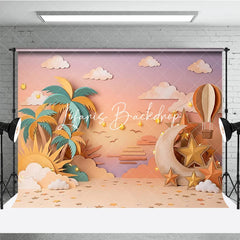 Lofaris Pastel Paper Art Tropical Dream Photography Backdrop with Palm Trees Moon Stars and Hot Air Balloon Baby Shower.