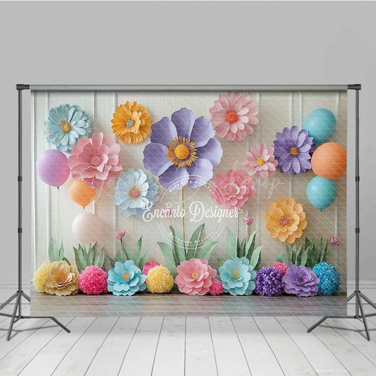 Lofaris Pastel Paper Flowers Cake Smash Backdrop Colorful 3D Floral Wall with Balloons First Birthday Photo Prop