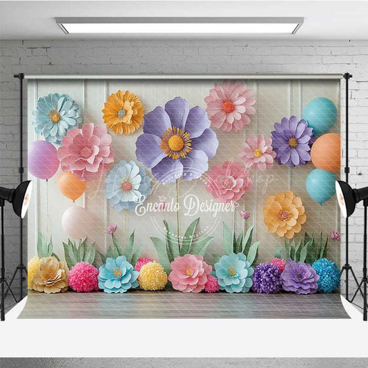 Lofaris Pastel Paper Flowers Cake Smash Backdrop Colorful 3D Floral Wall with Balloons First Birthday Photo Prop